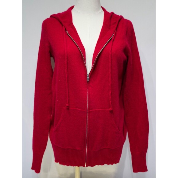 C By Bloomingdale's Red 100% 2-Ply Cashmere Full-Zip Hoodie Sweater Women Size S - Picture 2 of 15